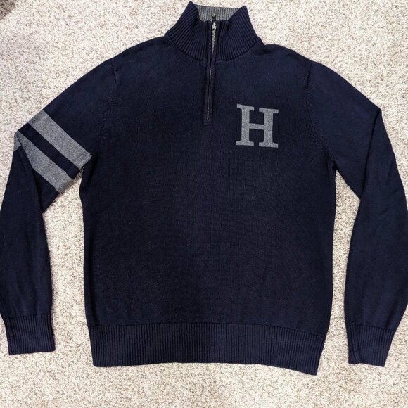 Tommy Hilfiger Men 1/4 Zip Turtleneck H Logo Solid Sweater - Medium - Navy - Picture 2 of 4
